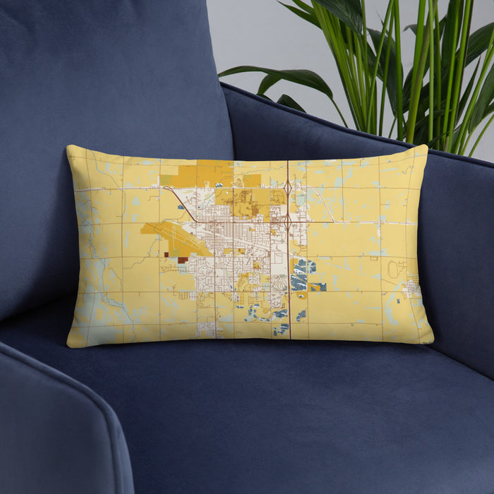 Custom Brookings South Dakota Map Throw Pillow in Woodblock on Blue Colored Chair