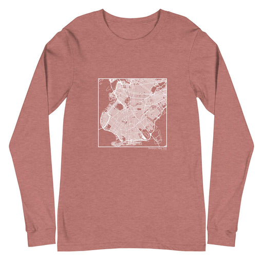 Brooklyn New York  Map Unisex Long-Sleeve T-shirt with City inscription in Heather Mauve