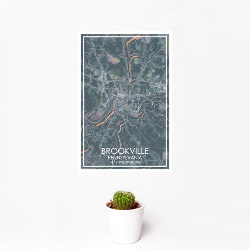 12x18 Brookville Pennsylvania Map Print Portrait Orientation in Afternoon Style With Small Cactus Plant in White Planter