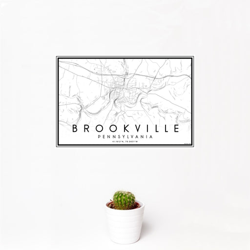 12x18 Brookville Pennsylvania Map Print Landscape Orientation in Classic Style With Small Cactus Plant in White Planter