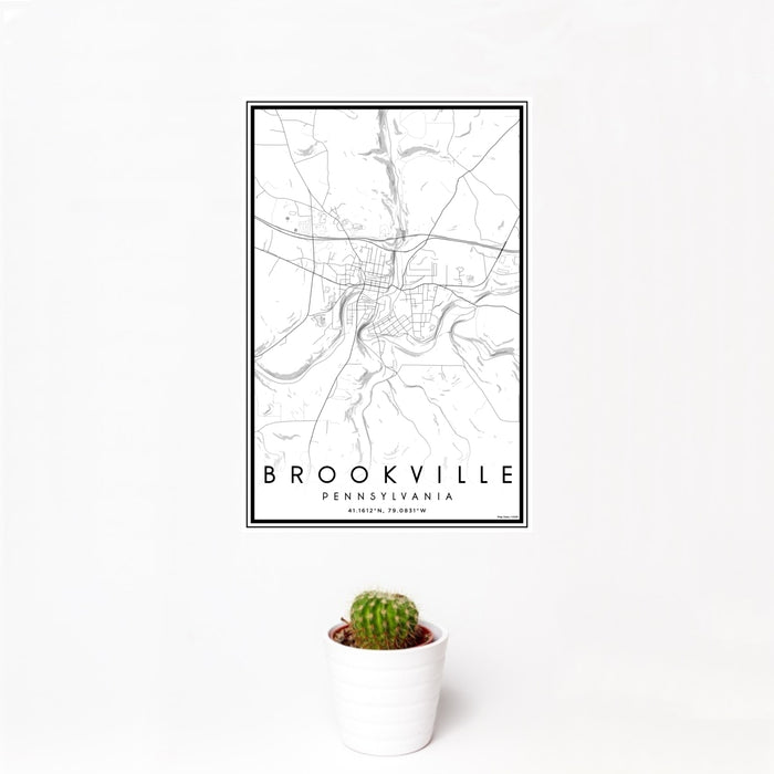 12x18 Brookville Pennsylvania Map Print Portrait Orientation in Classic Style With Small Cactus Plant in White Planter