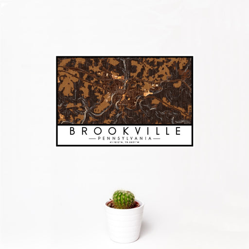 12x18 Brookville Pennsylvania Map Print Landscape Orientation in Ember Style With Small Cactus Plant in White Planter