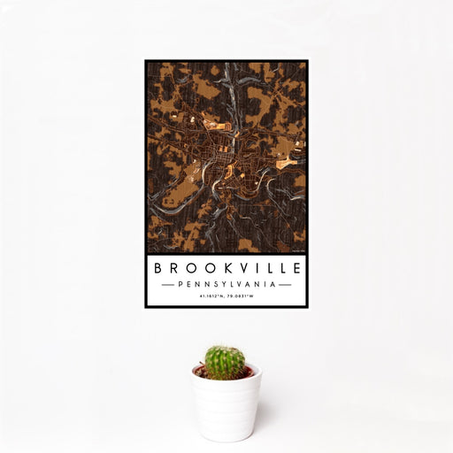 12x18 Brookville Pennsylvania Map Print Portrait Orientation in Ember Style With Small Cactus Plant in White Planter