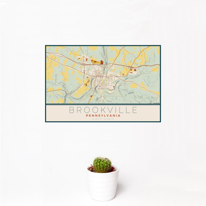 12x18 Brookville Pennsylvania Map Print Landscape Orientation in Woodblock Style With Small Cactus Plant in White Planter