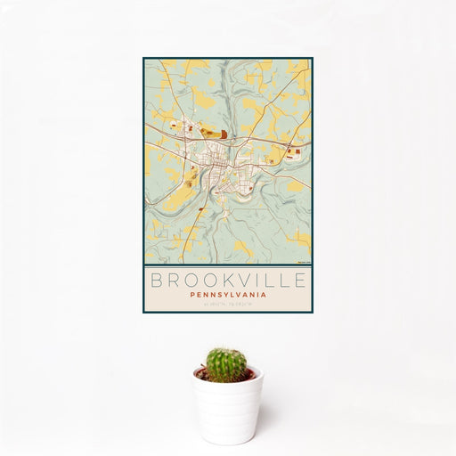 12x18 Brookville Pennsylvania Map Print Portrait Orientation in Woodblock Style With Small Cactus Plant in White Planter