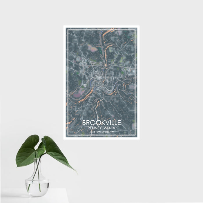 16x24 Brookville Pennsylvania Map Print Portrait Orientation in Afternoon Style With Tropical Plant Leaves in Water