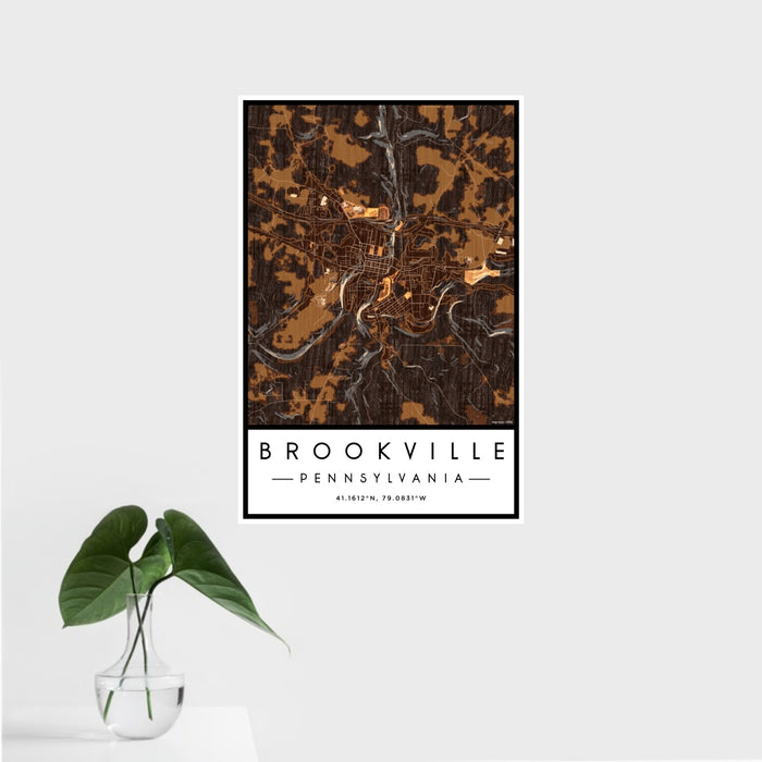 16x24 Brookville Pennsylvania Map Print Portrait Orientation in Ember Style With Tropical Plant Leaves in Water