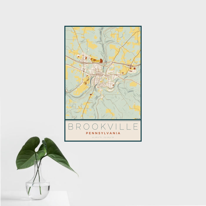 16x24 Brookville Pennsylvania Map Print Portrait Orientation in Woodblock Style With Tropical Plant Leaves in Water