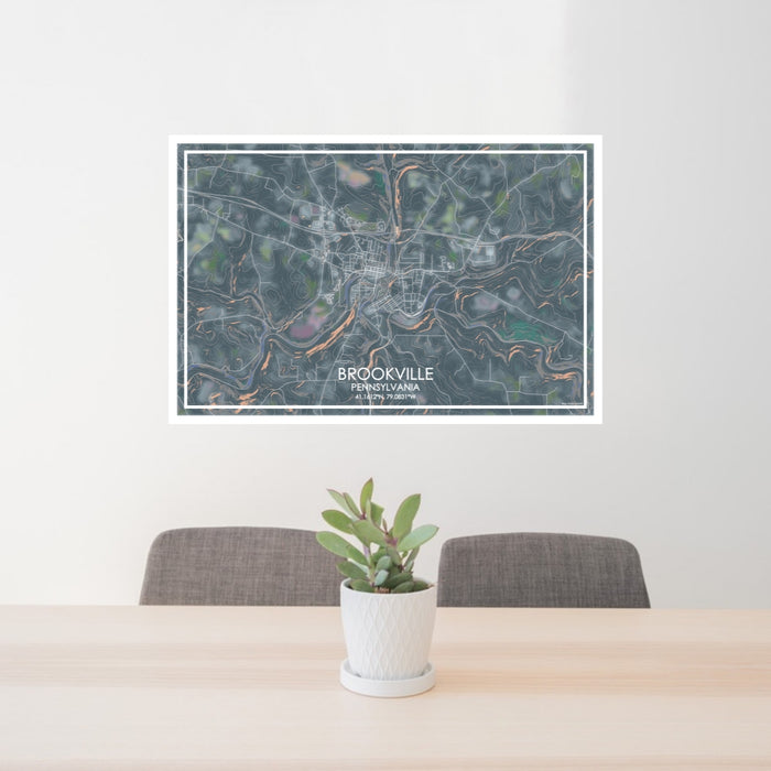 24x36 Brookville Pennsylvania Map Print Lanscape Orientation in Afternoon Style Behind 2 Chairs Table and Potted Plant