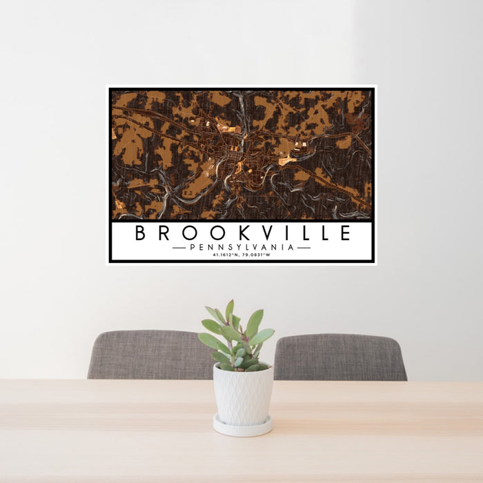 24x36 Brookville Pennsylvania Map Print Lanscape Orientation in Ember Style Behind 2 Chairs Table and Potted Plant