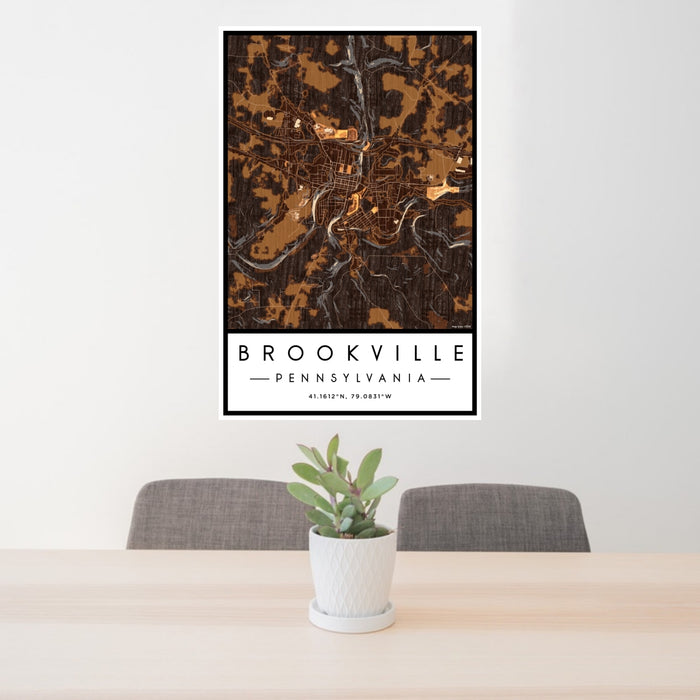 24x36 Brookville Pennsylvania Map Print Portrait Orientation in Ember Style Behind 2 Chairs Table and Potted Plant
