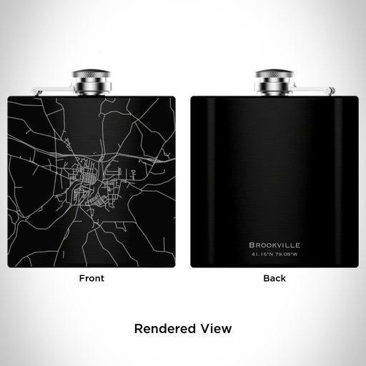 Rendered View of Brookville Pennsylvania Map Engraving on 6oz Stainless Steel Flask in Black