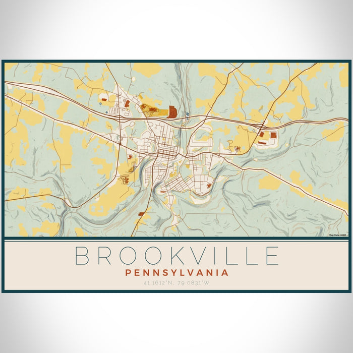 Brookville Pennsylvania Map Print Landscape Orientation in Woodblock Style With Shaded Background
