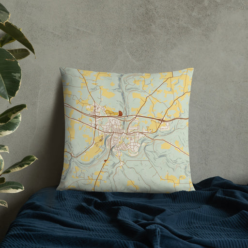 Custom Brookville Pennsylvania Map Throw Pillow in Woodblock on Bedding Against Wall