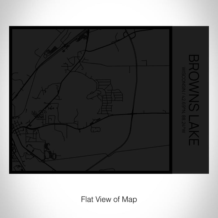 Rendered View of Browns Lake Wisconsin Map on 20oz Stainless Steel Insulated Bottle with Bamboo Top in Matte Black with printed Tactile Lines Map in Black