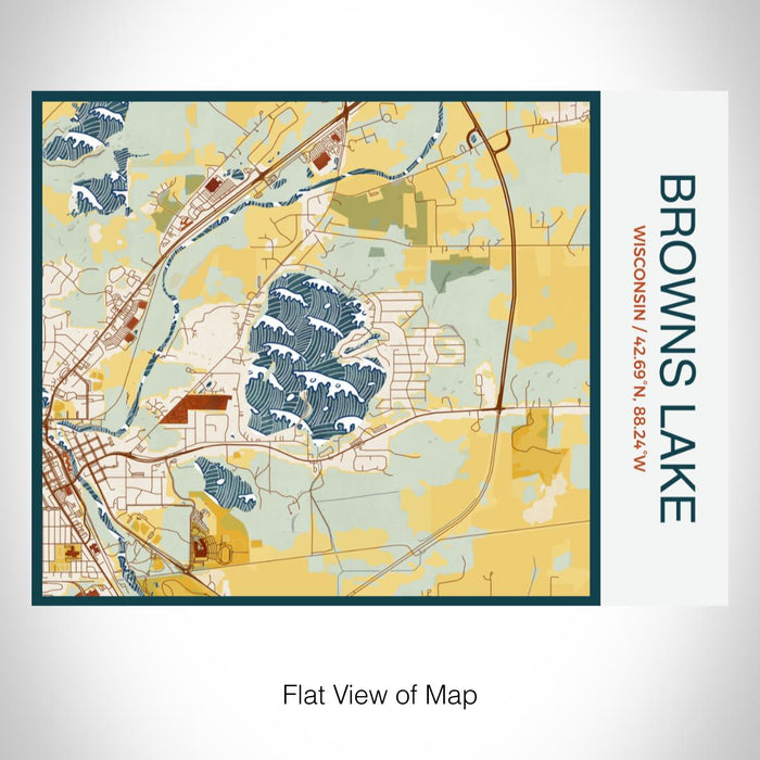 Rendered View of Browns Lake Wisconsin Map on 20oz Stainless Steel Insulated Bottle with Bamboo Top with printed woodblock style map