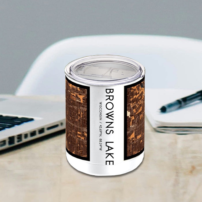 Browns Lake Wisconsin Custom City Map Inscription Coordinates on 10oz Stainless Steel Insulated Cup in Ember with Sliding Lid