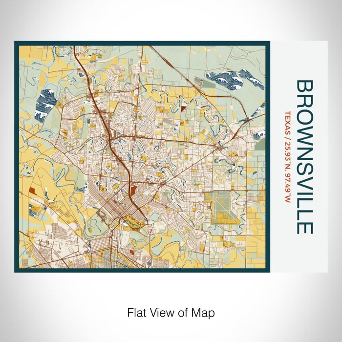 Rendered View of Brownsville Texas Map on 20oz Stainless Steel Insulated Bottle with Bamboo Top with printed woodblock style map