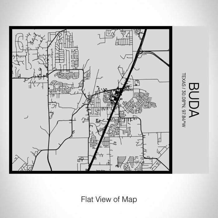 Rendered View of Buda Texas Map on 20oz Stainless Steel Insulated Bottle with Bamboo Top with printed Tactile Lines Map in Black