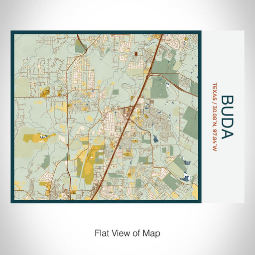 Rendered View of Buda Texas Map on 20oz Stainless Steel Insulated Bottle with Bamboo Top with printed woodblock style map