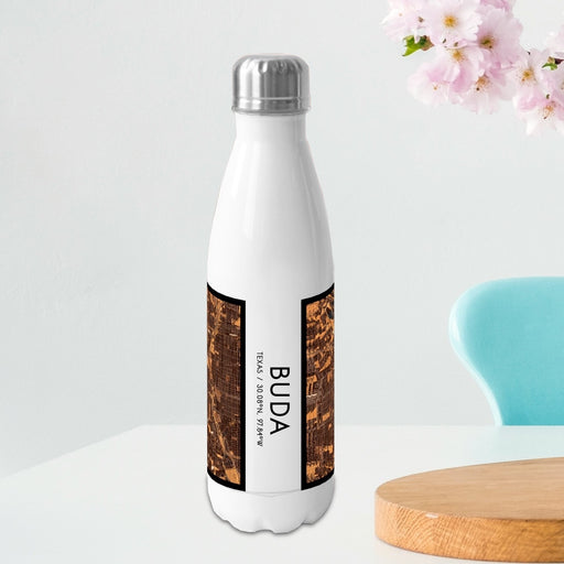 Buda Texas Custom City Map Inscription Coordinates on 17oz Stainless Steel Insulated Bottle with printed ember style map