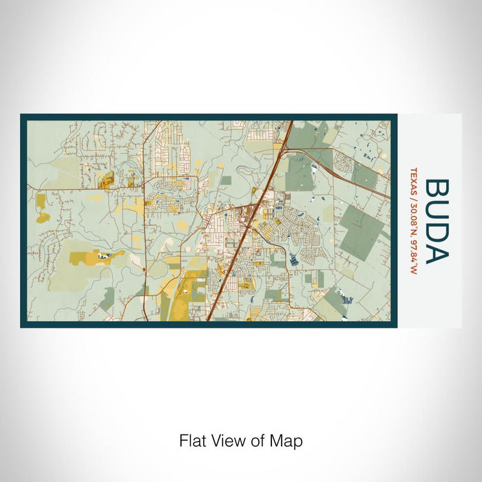 Rendered View of Buda Texas Map on 17oz Stainless Steel Insulated Bottle with printed woodblock style map