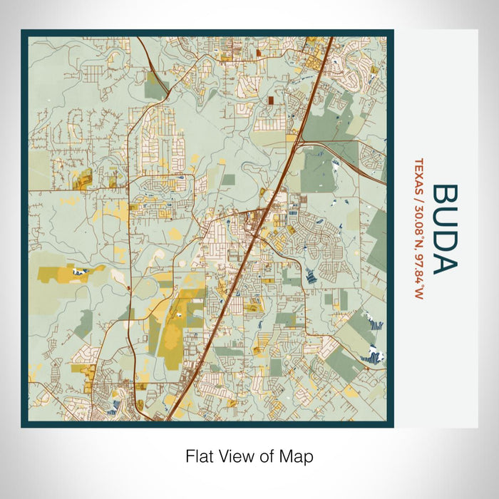 Rendered View of Buda Texas Map on 17oz Stainless Steel Insulated Tumbler in Woodblock Map Style