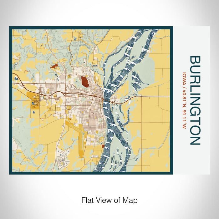Rendered View of Burlington Iowa Map on 20oz Stainless Steel Insulated Bottle with Bamboo Top with printed woodblock style map