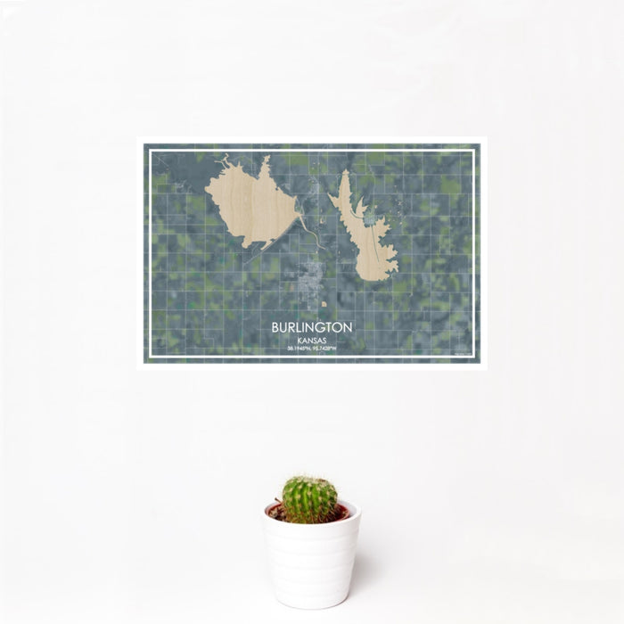 12x18 Burlington Kansas Map Print Landscape Orientation in Afternoon Style With Small Cactus Plant in White Planter
