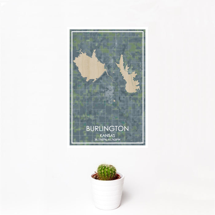 12x18 Burlington Kansas Map Print Portrait Orientation in Afternoon Style With Small Cactus Plant in White Planter
