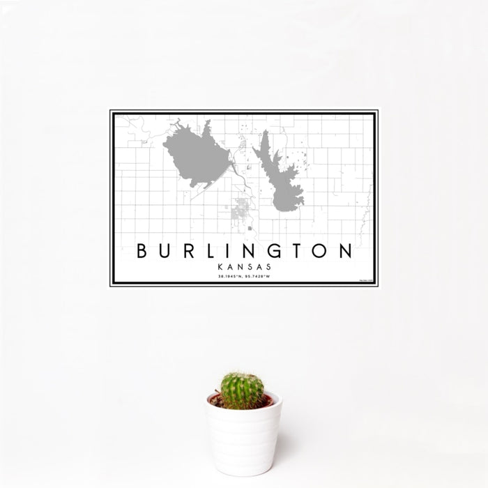 12x18 Burlington Kansas Map Print Landscape Orientation in Classic Style With Small Cactus Plant in White Planter