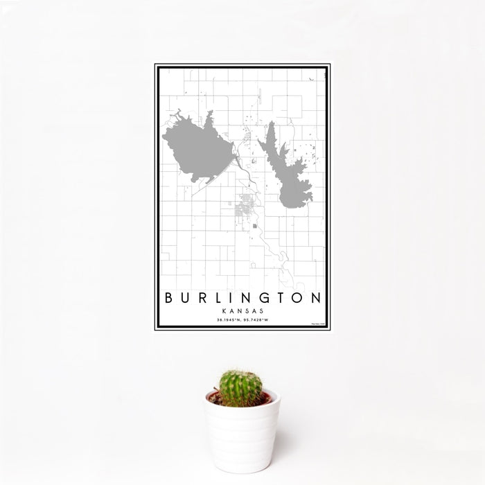 12x18 Burlington Kansas Map Print Portrait Orientation in Classic Style With Small Cactus Plant in White Planter