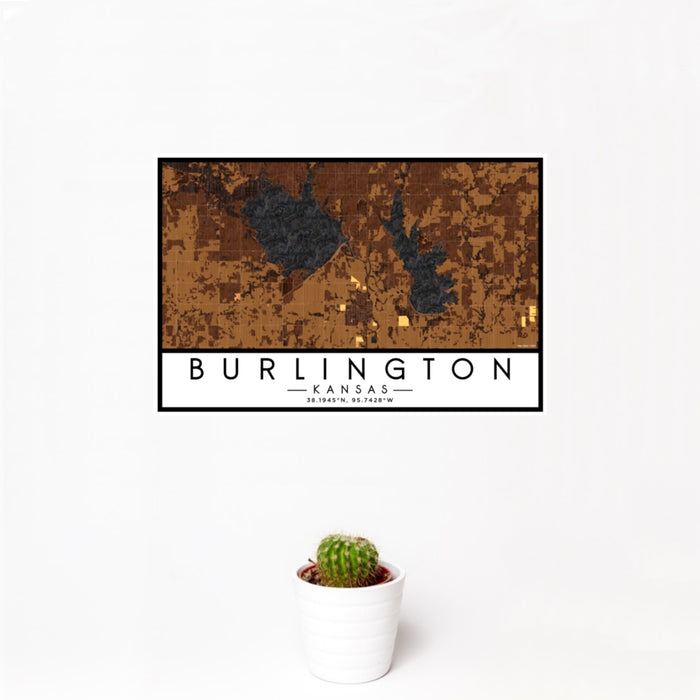 12x18 Burlington Kansas Map Print Landscape Orientation in Ember Style With Small Cactus Plant in White Planter