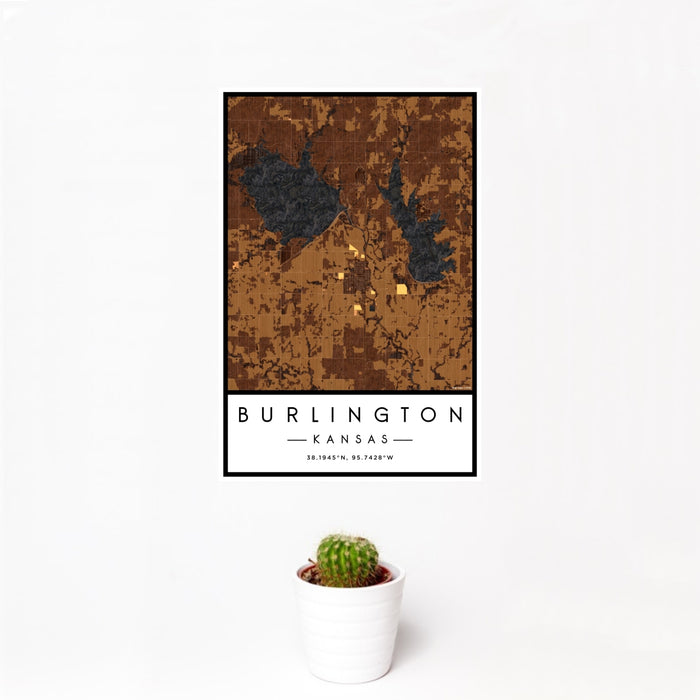 12x18 Burlington Kansas Map Print Portrait Orientation in Ember Style With Small Cactus Plant in White Planter