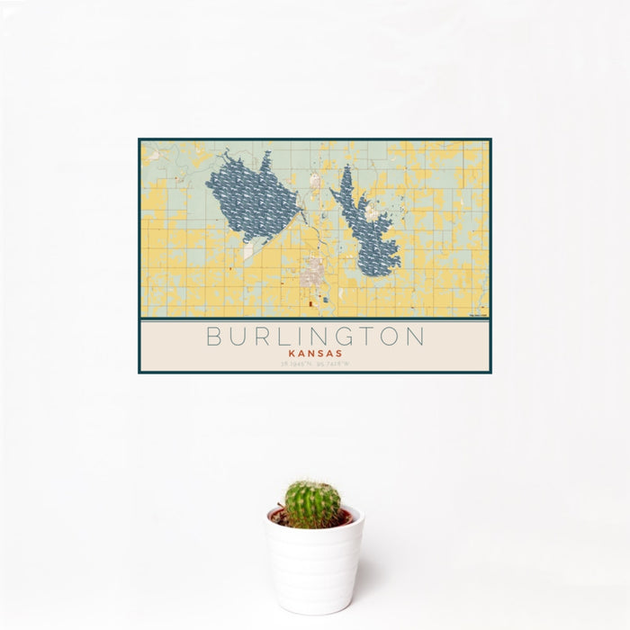 12x18 Burlington Kansas Map Print Landscape Orientation in Woodblock Style With Small Cactus Plant in White Planter