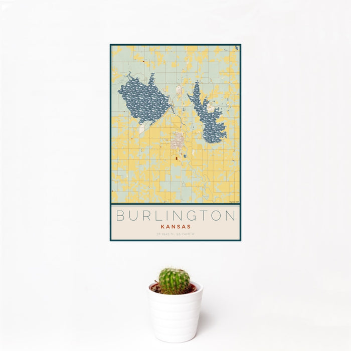 12x18 Burlington Kansas Map Print Portrait Orientation in Woodblock Style With Small Cactus Plant in White Planter