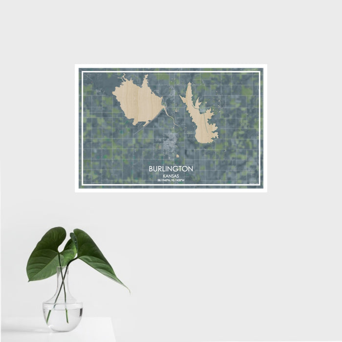 16x24 Burlington Kansas Map Print Landscape Orientation in Afternoon Style With Tropical Plant Leaves in Water