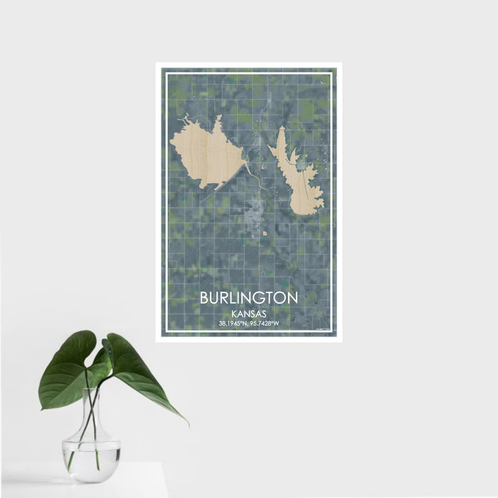 16x24 Burlington Kansas Map Print Portrait Orientation in Afternoon Style With Tropical Plant Leaves in Water