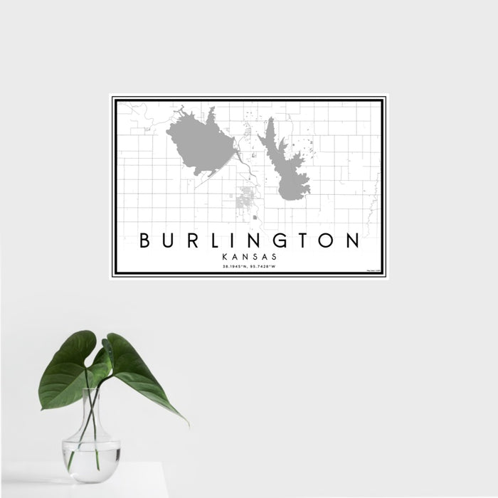 16x24 Burlington Kansas Map Print Landscape Orientation in Classic Style With Tropical Plant Leaves in Water