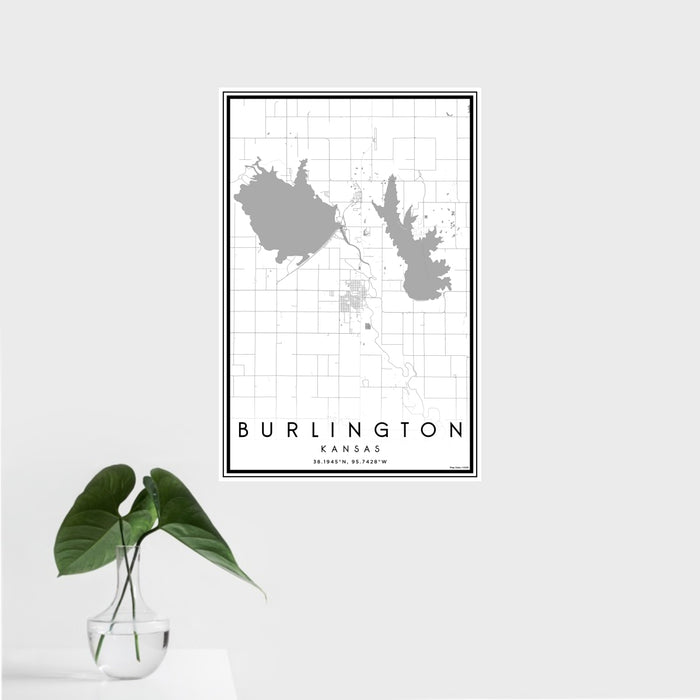 16x24 Burlington Kansas Map Print Portrait Orientation in Classic Style With Tropical Plant Leaves in Water