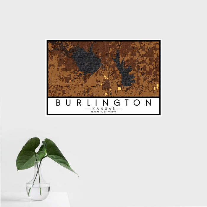 16x24 Burlington Kansas Map Print Landscape Orientation in Ember Style With Tropical Plant Leaves in Water