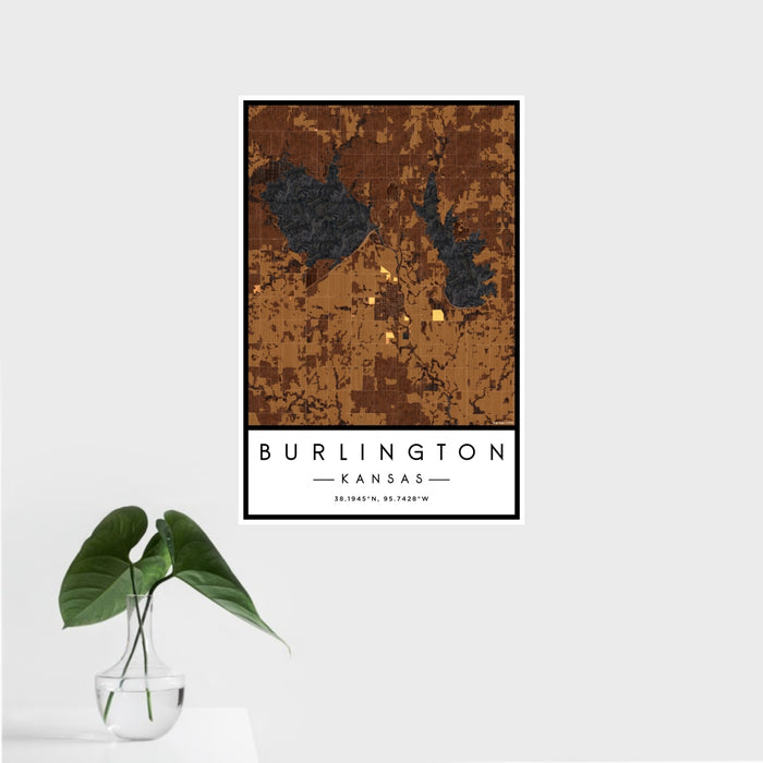 16x24 Burlington Kansas Map Print Portrait Orientation in Ember Style With Tropical Plant Leaves in Water