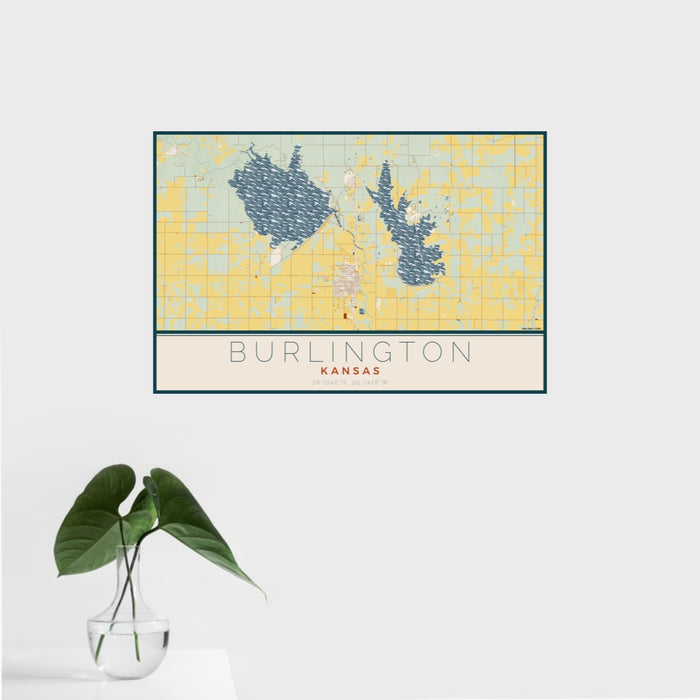 16x24 Burlington Kansas Map Print Landscape Orientation in Woodblock Style With Tropical Plant Leaves in Water