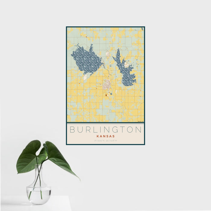 16x24 Burlington Kansas Map Print Portrait Orientation in Woodblock Style With Tropical Plant Leaves in Water