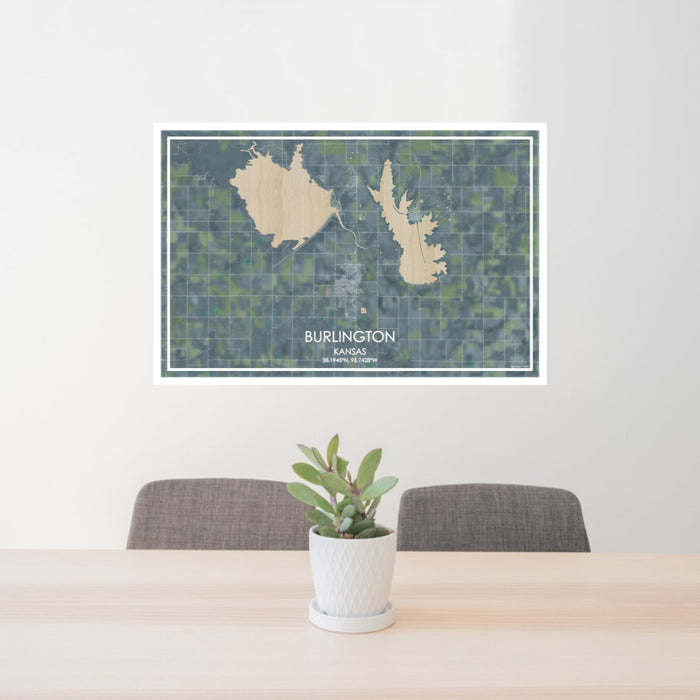 24x36 Burlington Kansas Map Print Lanscape Orientation in Afternoon Style Behind 2 Chairs Table and Potted Plant