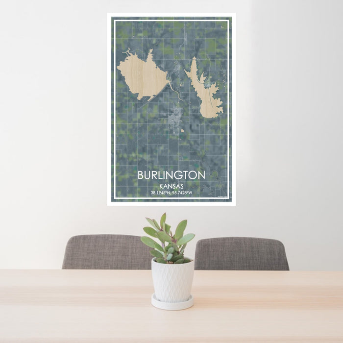 24x36 Burlington Kansas Map Print Portrait Orientation in Afternoon Style Behind 2 Chairs Table and Potted Plant