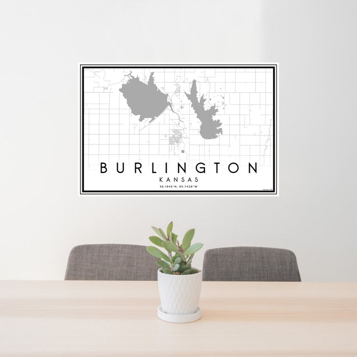 24x36 Burlington Kansas Map Print Lanscape Orientation in Classic Style Behind 2 Chairs Table and Potted Plant