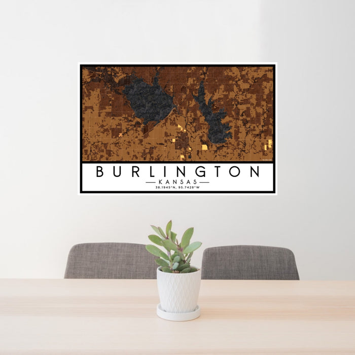 24x36 Burlington Kansas Map Print Lanscape Orientation in Ember Style Behind 2 Chairs Table and Potted Plant