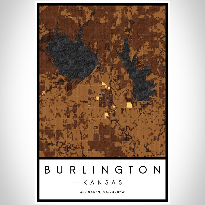 Burlington Kansas Map Print Portrait Orientation in Ember Style With Shaded Background