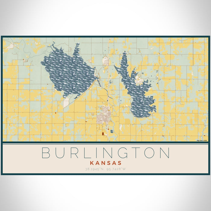 Burlington Kansas Map Print Landscape Orientation in Woodblock Style With Shaded Background